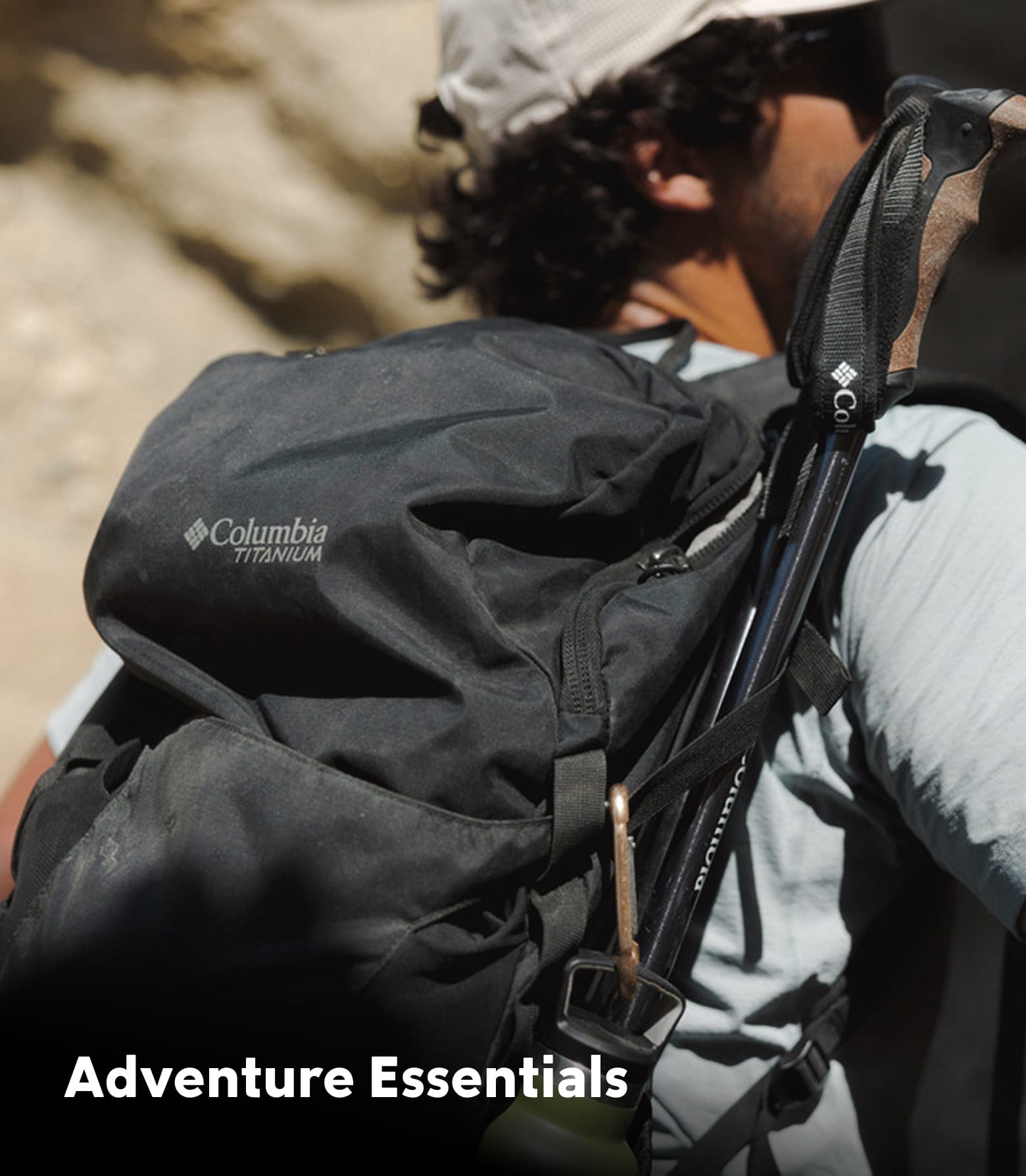 Close up of man with a Columbia backpack. Adventure essentials. 