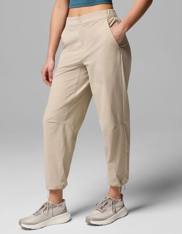 Woman in Columbia hiking pants and shoes. 