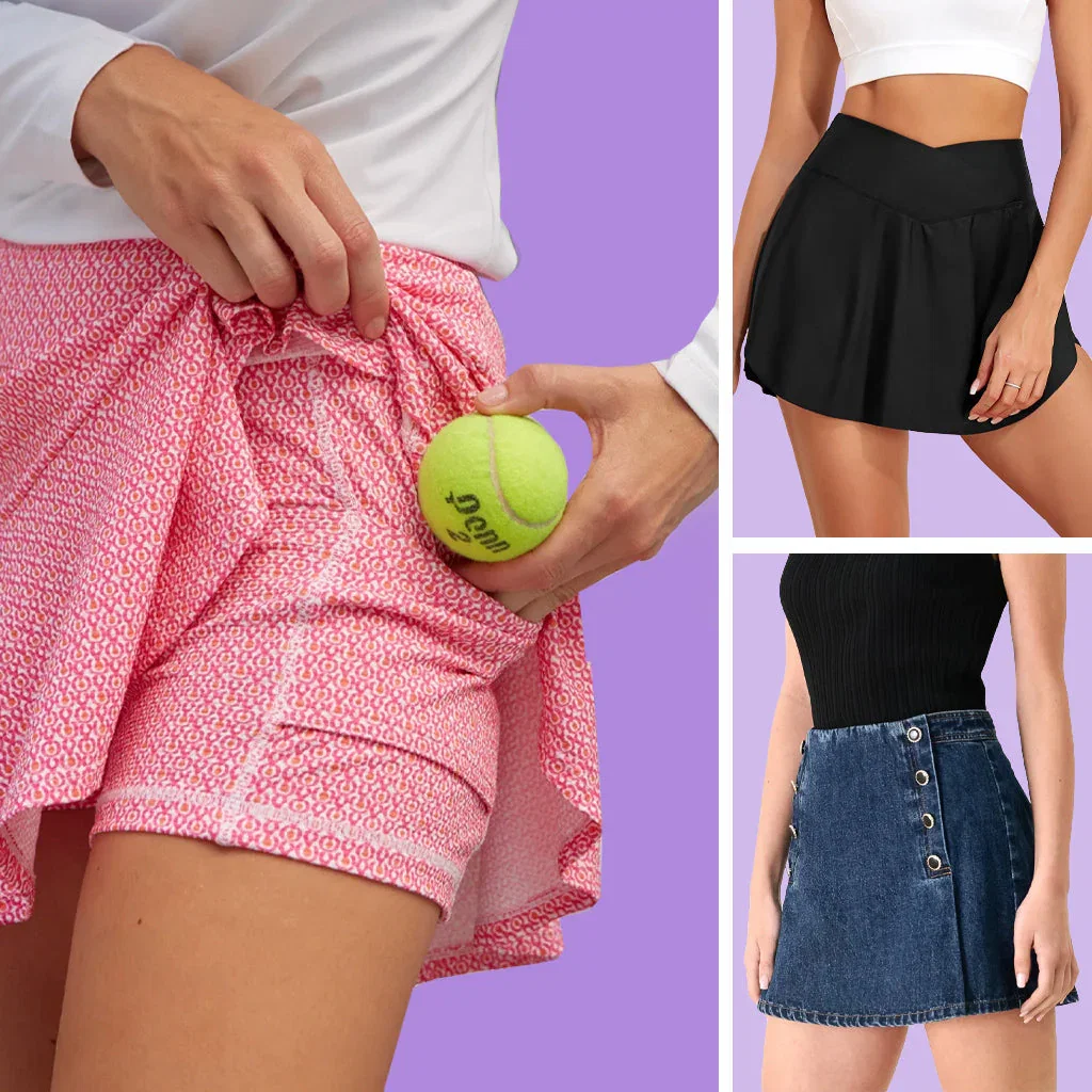 Skort Favorites collection: pink patterned skort with tennis ball, black athletic skort, and denim button-front skort on purple background.