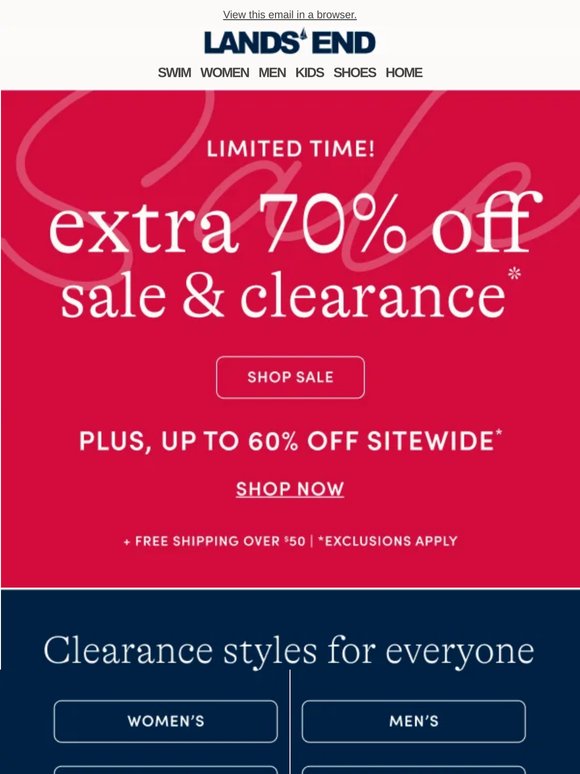 Exclusive savings: Extra 70% off clearance styles!