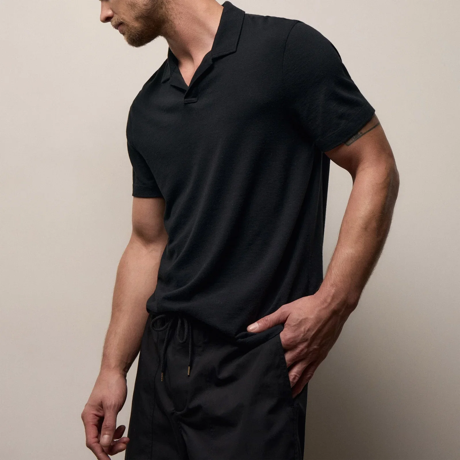 Cotton Cashmere Open Polo - Black