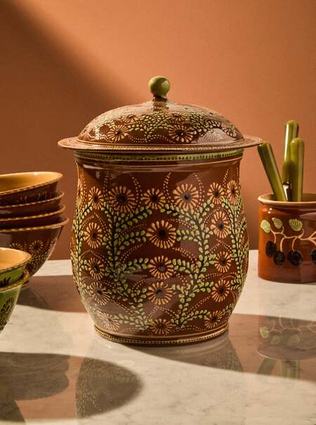 Flowers Hand-Painted Slipware Curved Lidded Pot