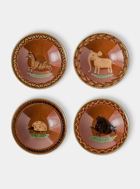 Animals Hand-Painted Slipware Breakfast Bowls (Set of 4)