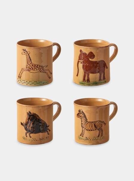 Animals Hand-Painted Slipware Mugs (Set of 4)