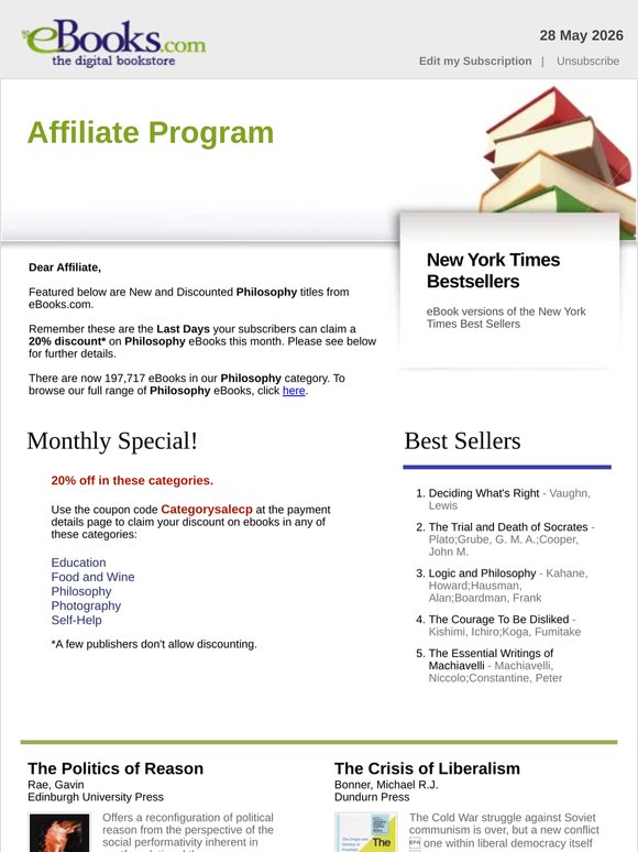 Affiliate Program : Last Days for Discounted Philosophy : May Discounts, See Coupon Code...