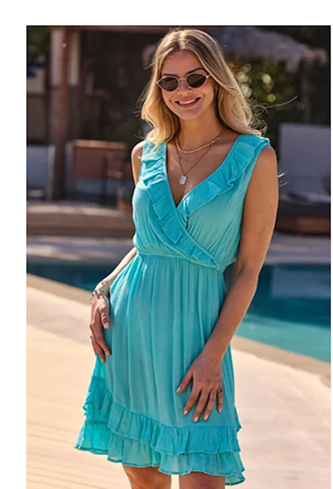Aqua Blue Wrap Front Fit & Flare Dress