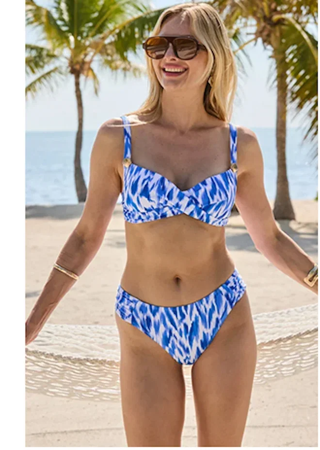 Blue & White Aztec Print Twist Front Bikini Top