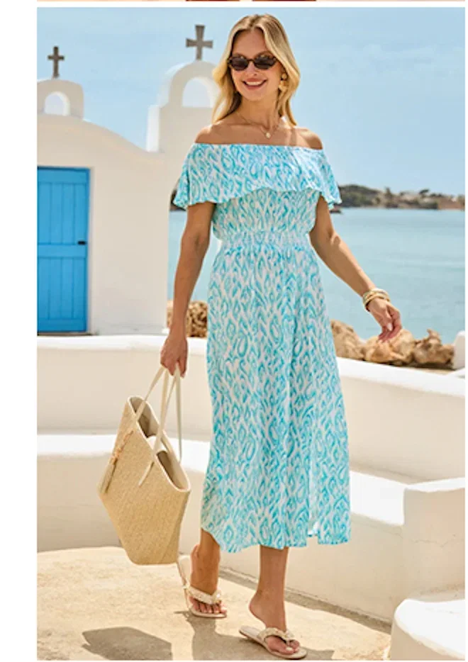 Blue & White Paisley Print Bardot Shirred Waist Dress