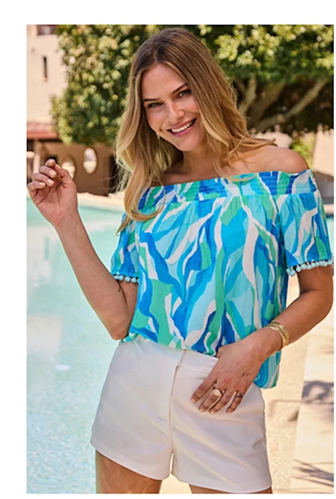 Oceana Blue Print Bardot Pom Pom Trim Top