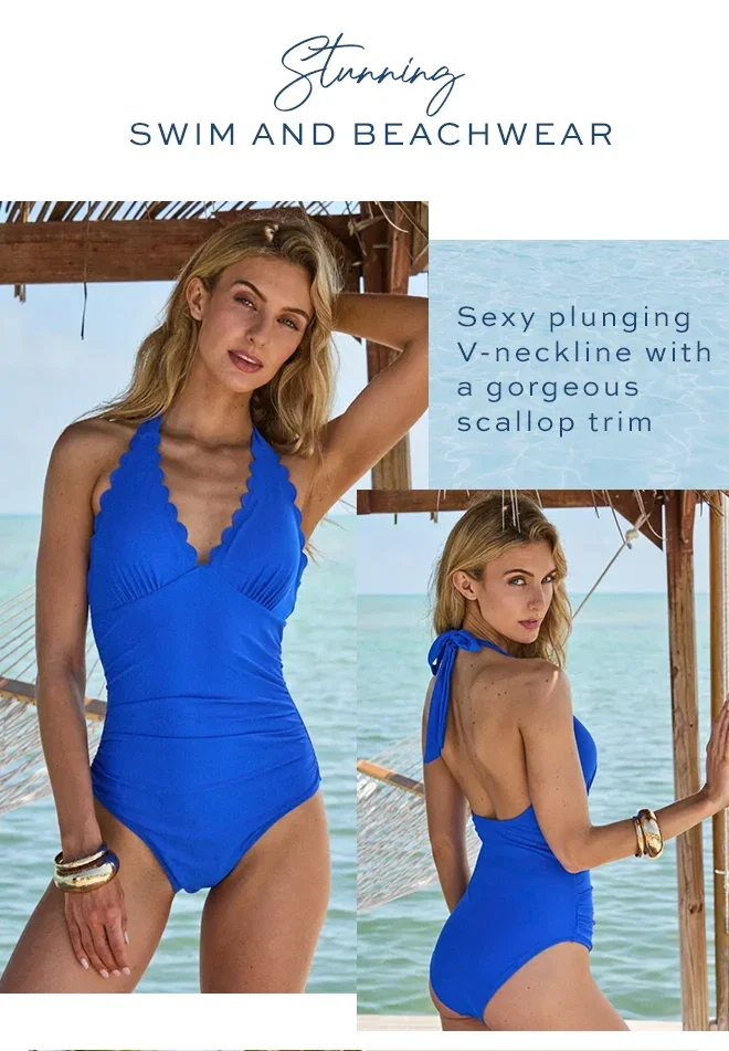 Cobalt Blue Scallop Edge Halter Neck Swimsuit