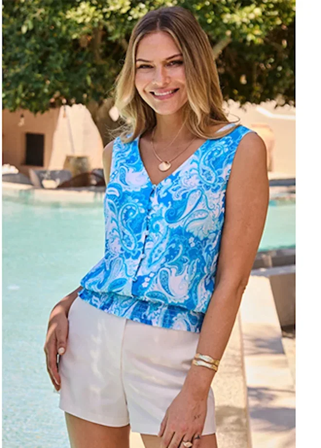 Blue Paisley Print Button Detail Shirred Hem Top