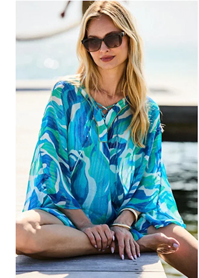 Blue Abstract Print Lurex Gold Trim Kaftan With Beaded Tassels