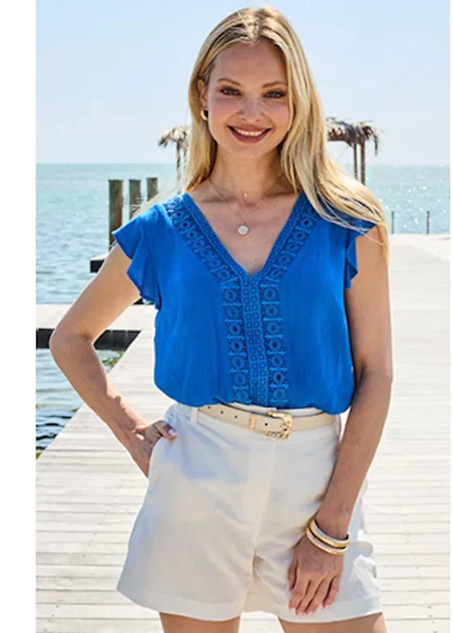 Cobalt Blue Crinkle Lace Detail Ruffle Sleeve Top