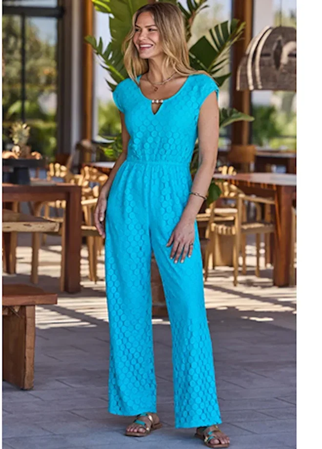 Aqua Blue Crochet Keyhole Detail Jumpsuit