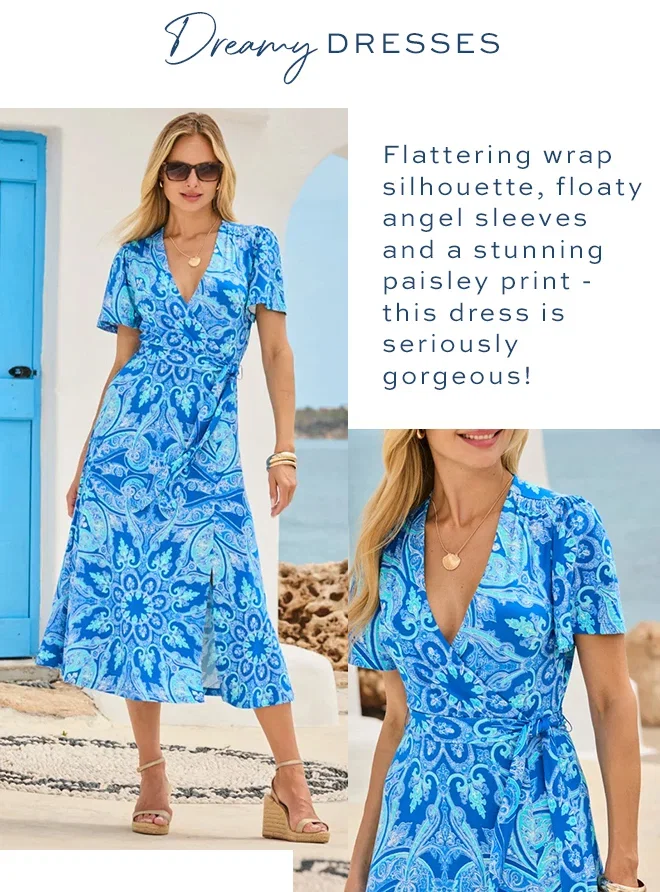 Blue Paisley Print Flutter Sleeve Wrap Dress