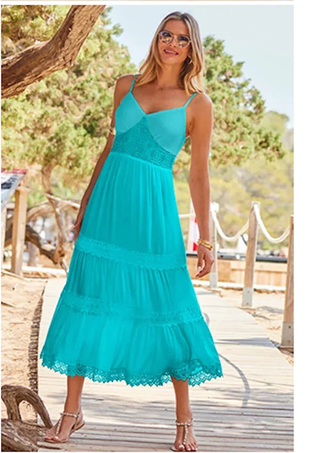 Aqua Blue Crochet Detail Tiered Hem Maxi Dress