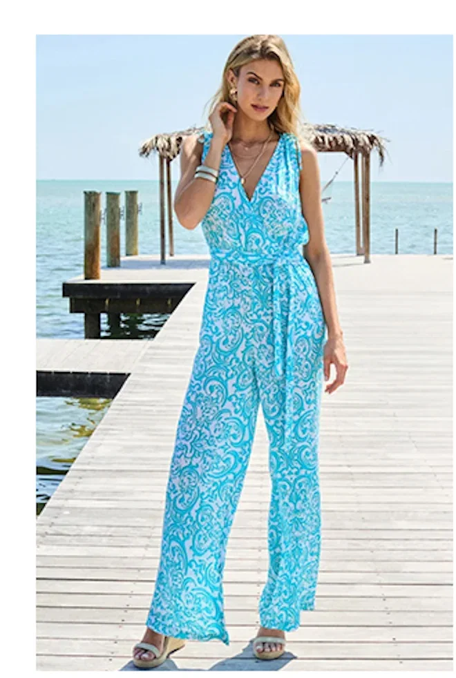 Aqua Blue Baroque Print Tie Waist Jumpsuit