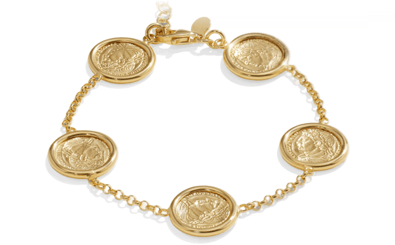 Yellow gold bracelet with engraved coin charms and chain links.