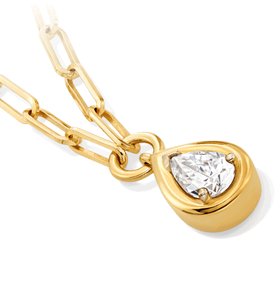 Yellow gold chain necklace with pear-shaped diamond pendant.