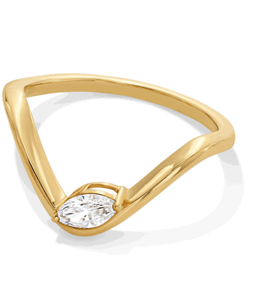 Yellow gold open ring with marquise-cut diamond centerpiece.