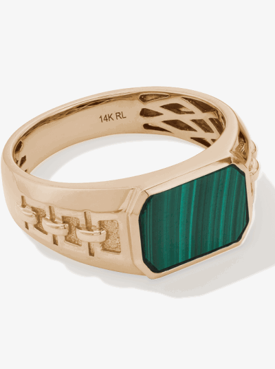 Yellow gold signet ring with rectangular green malachite inlay and engraved band details.