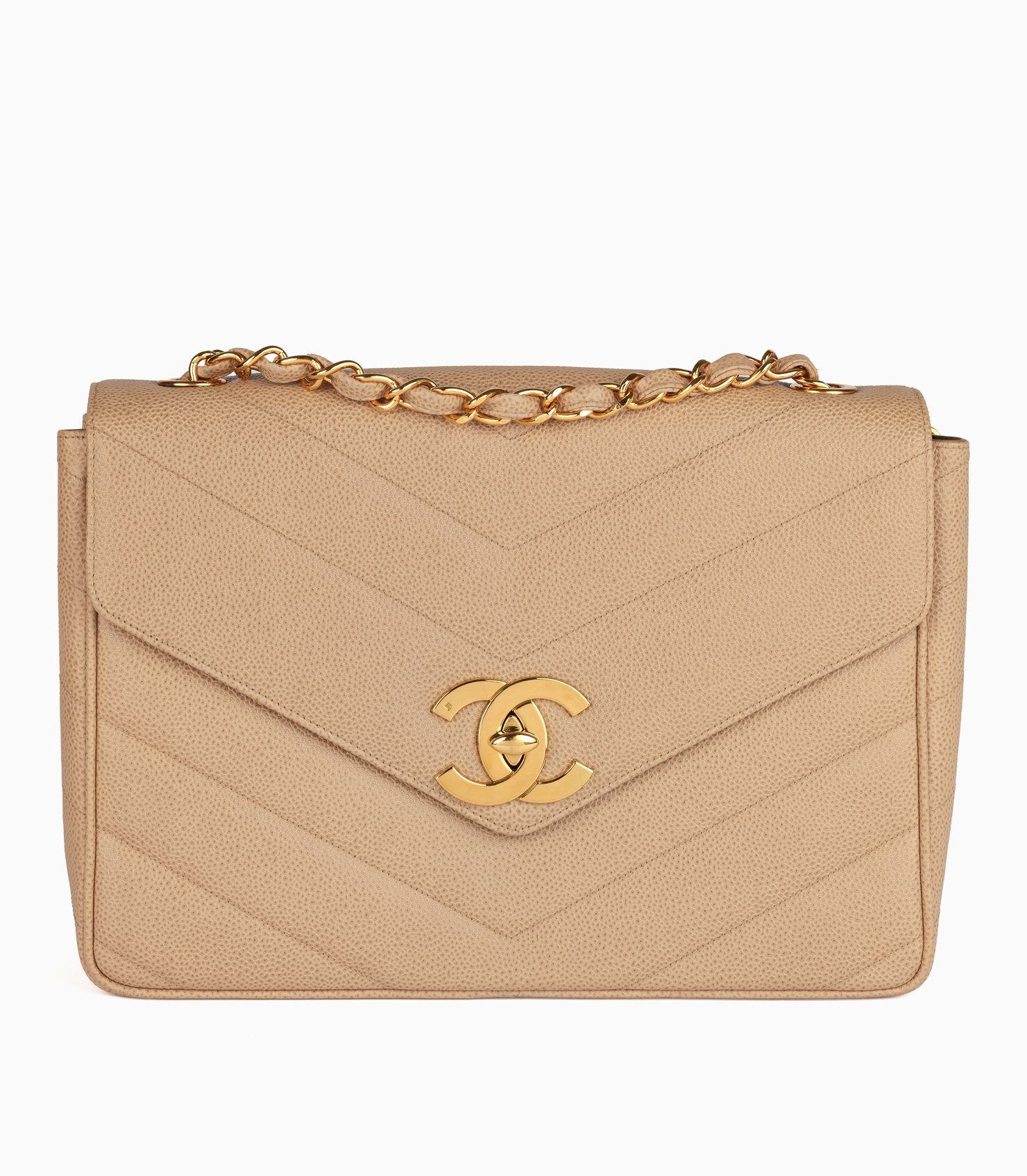 Beige Chevron Quilted Caviar Leather Jumbo XL Envelope Classic Single Flap Bag