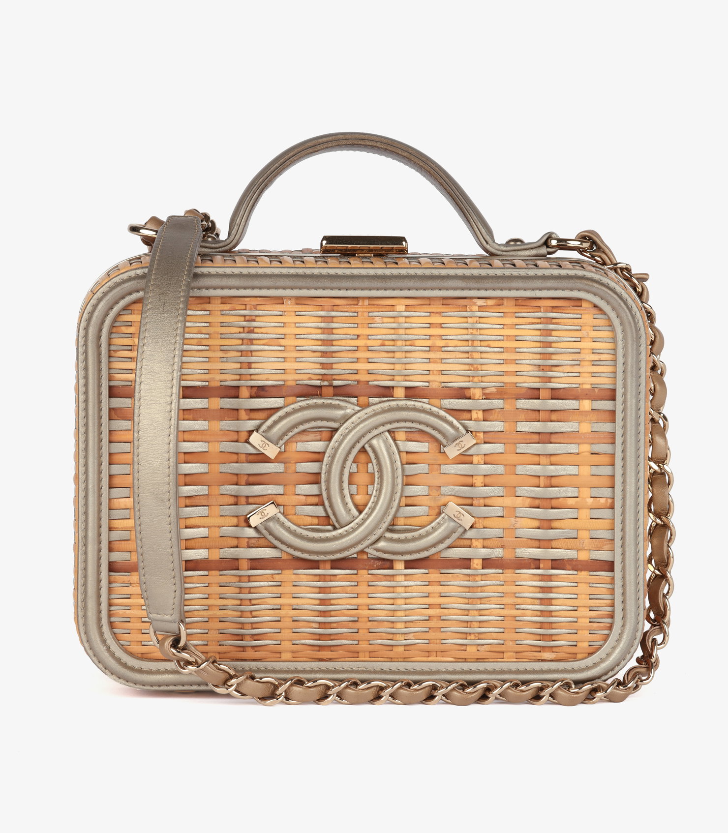 Natural Rattan Wicker, Gold & Bronze Metallic Lambskin Leather Medium Filigree CC Vanity Case
