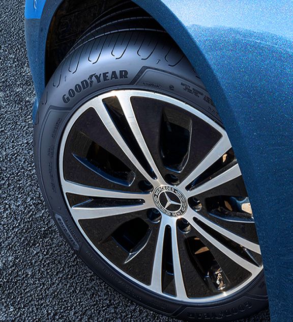 corner shot of a car with a Goodyear tire