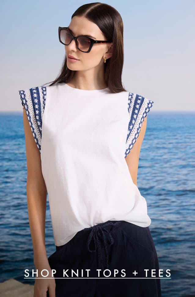 Shop knit tops + tees. The lady wearing the Knit Trim Cotton Slub Top.