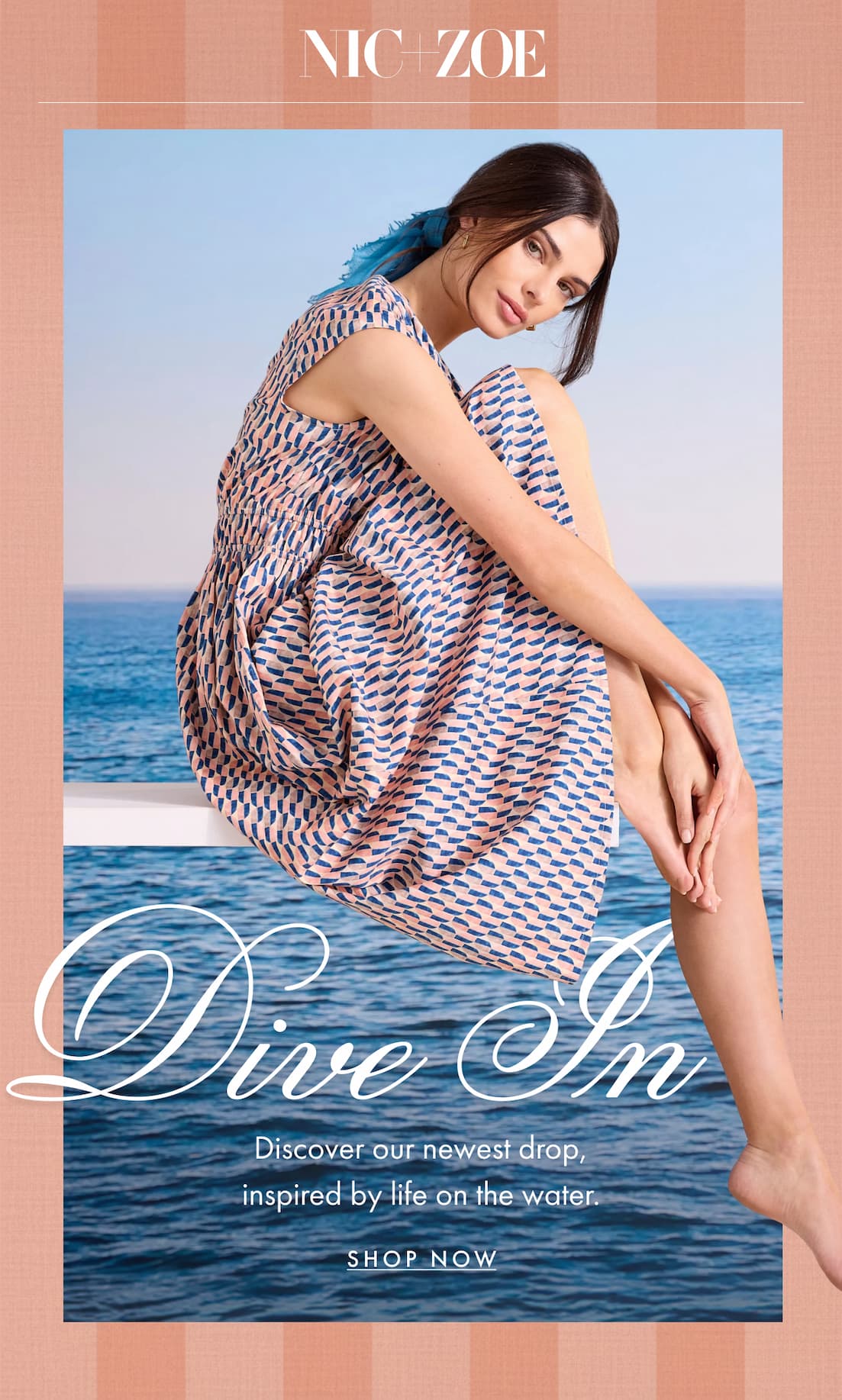 Dive in. Discover our newest drop, inspired by life on the water. Shop now. The lady wearing the Sideways Dierdre Cap Sleeve Dress sitting on the deck.