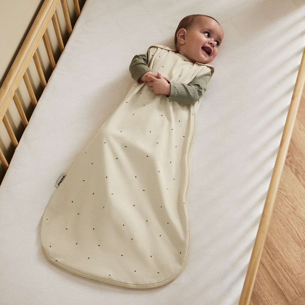 organic quilted baby sleeping bag in linen with cocoa 
