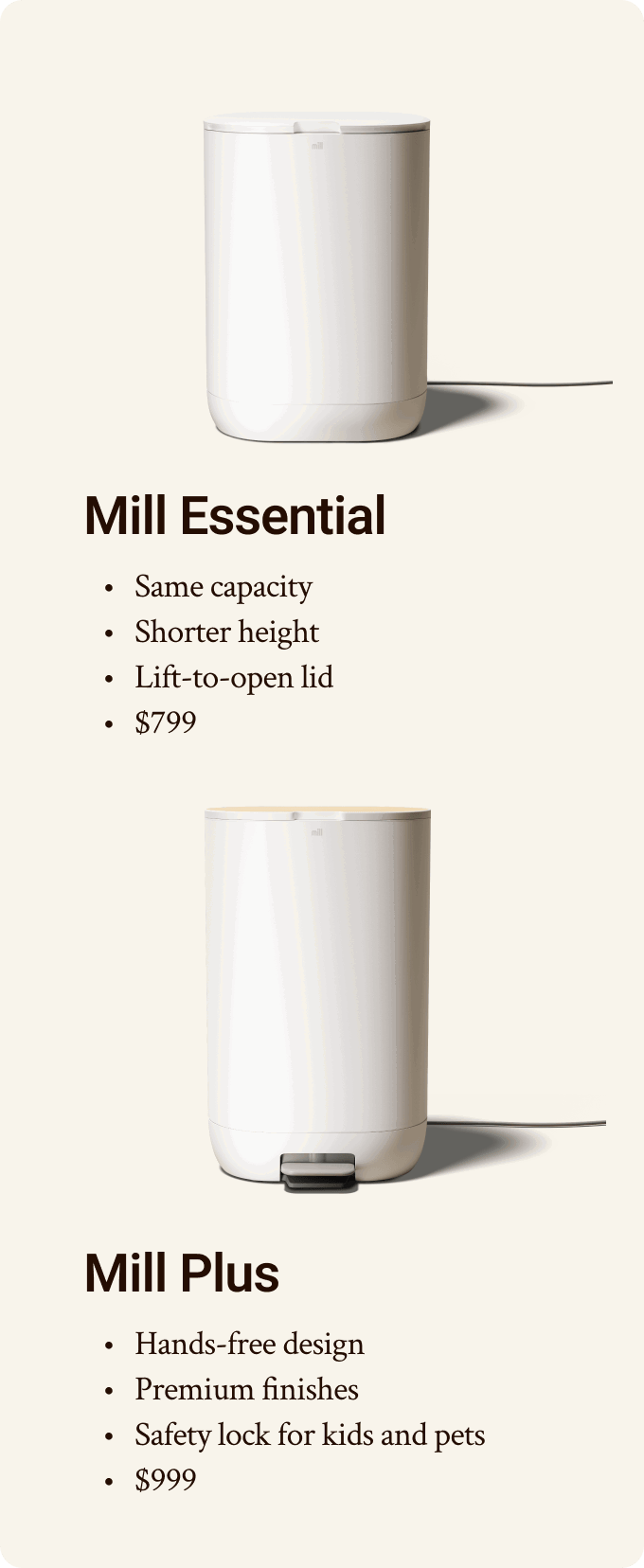 Mill Plus: Hands-free design; premium finishes; safety lock for kids and pets; $999. Mill Essential: Same capacity; shorter height; lift-to-open lid; $799