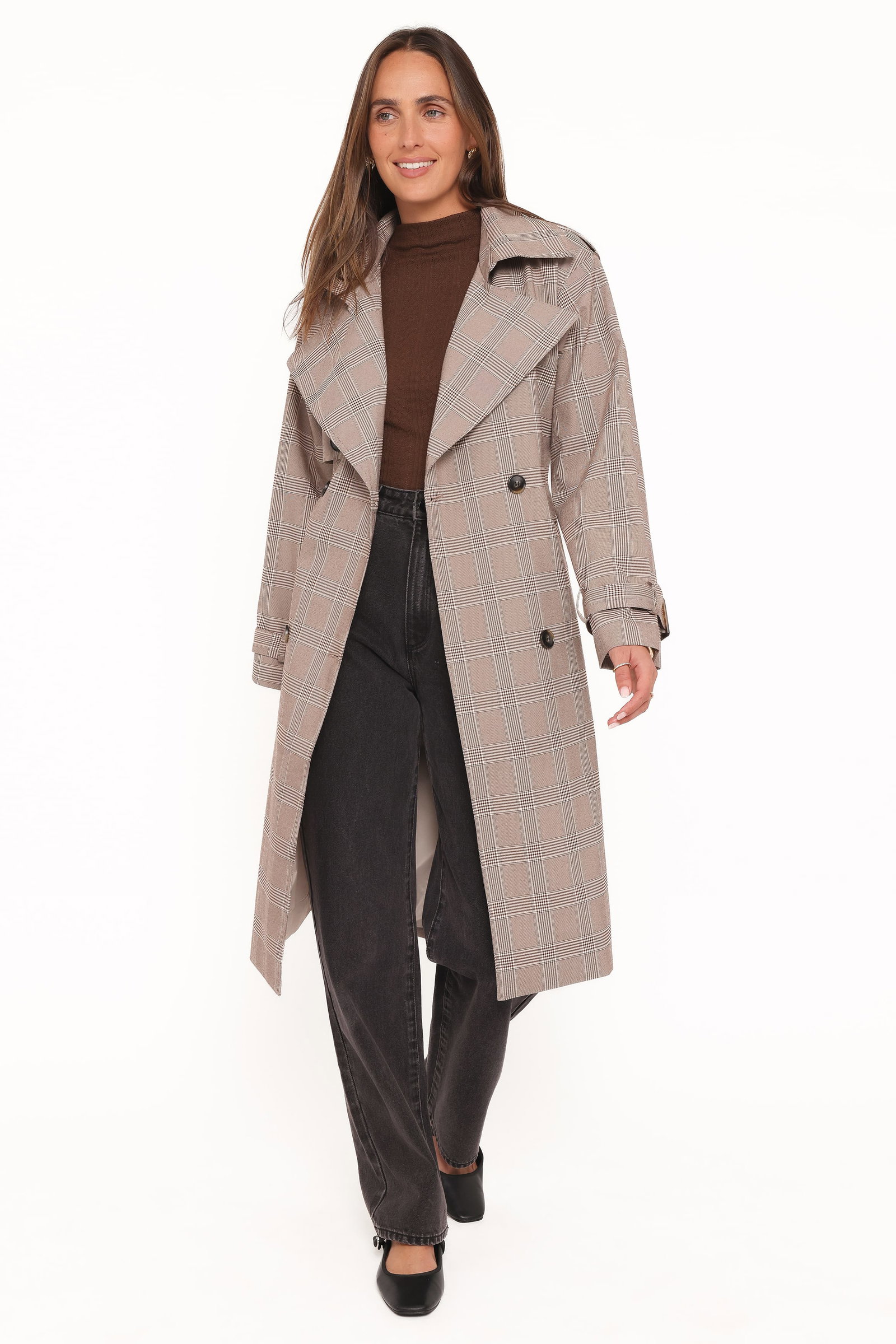 Image of Billy Button Front Trench Coat - Brown Plaid