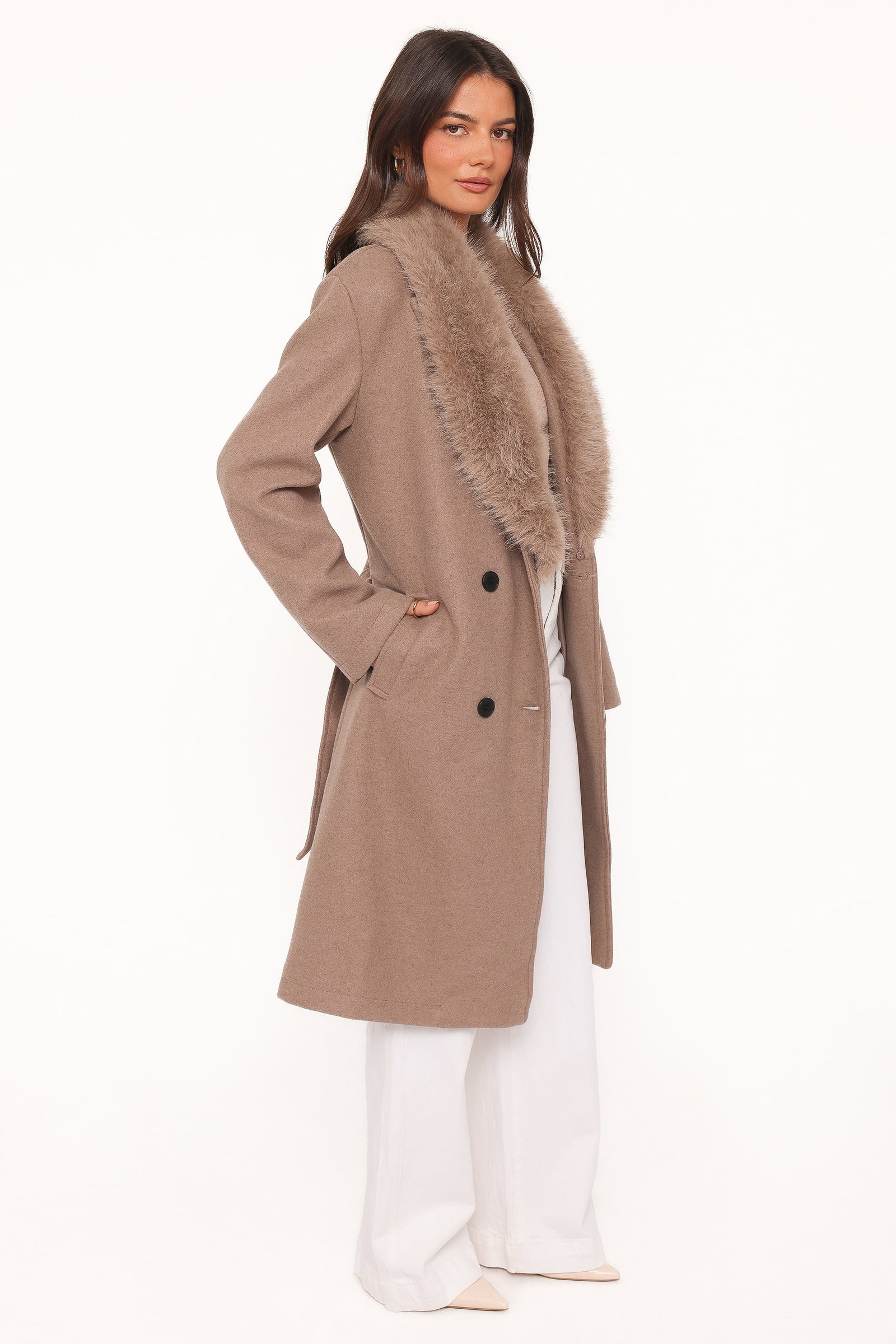 Image of Nina Fur Collar Tie Waist Coat - Toffee Brown