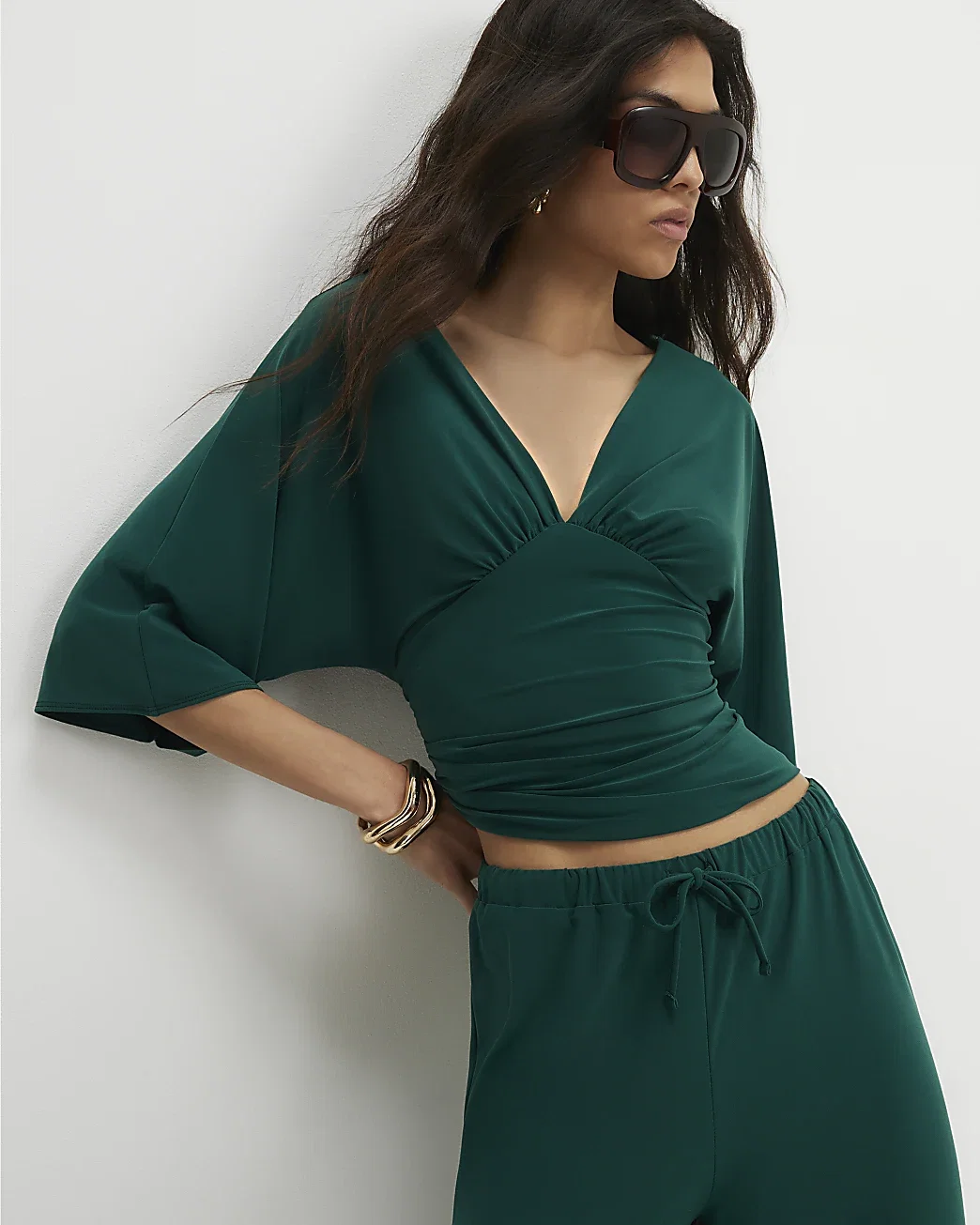 Womens Green Short Sleeve Plunge Neckline Top