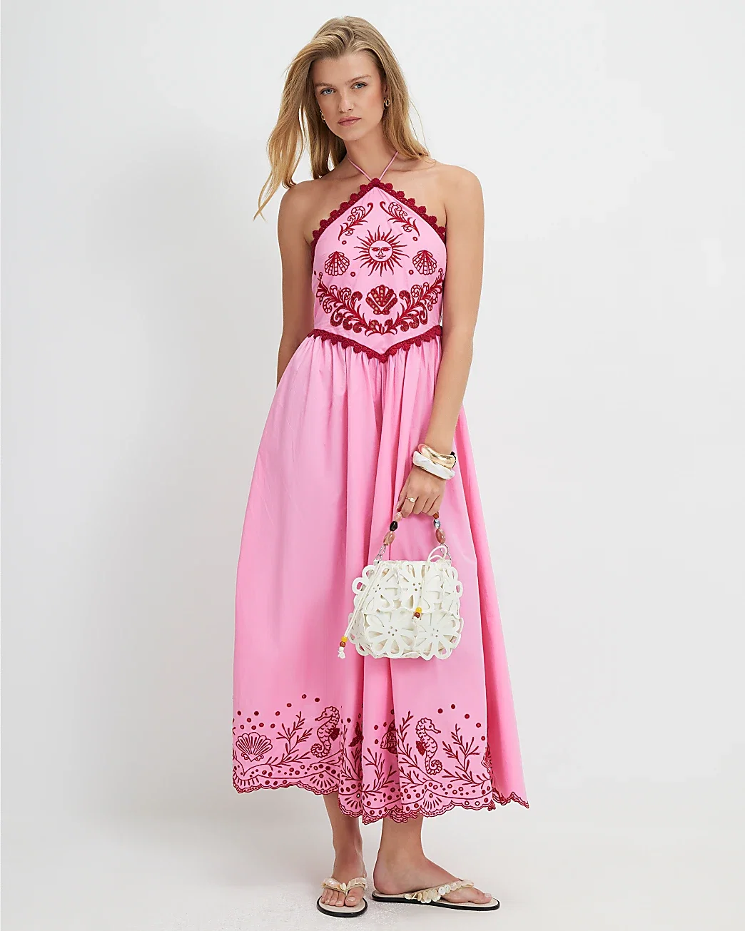 Womens Pink Halter Cutwork Hem Midi Dress