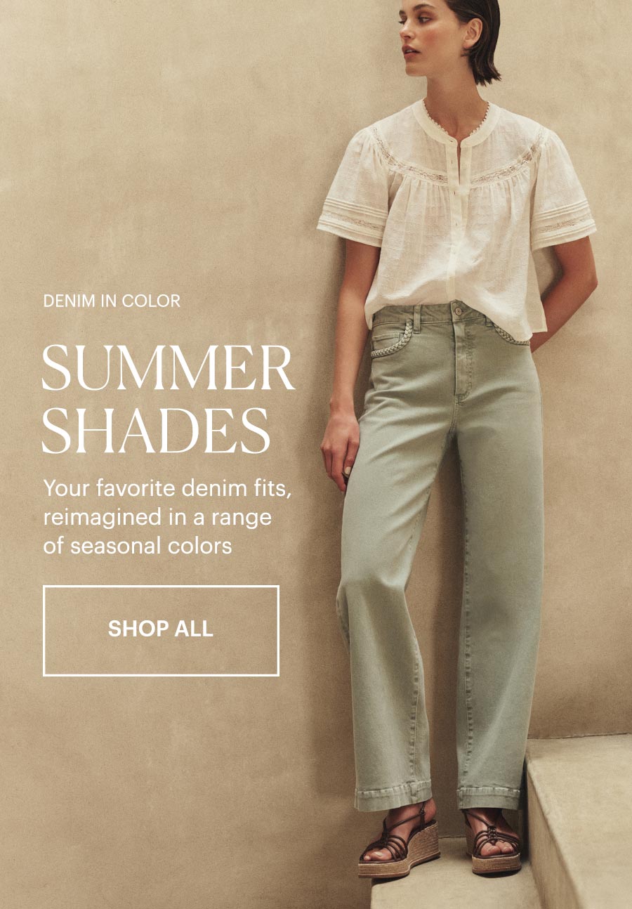 Denim In Color: Summer Shades - Your favorite denim fits, reimagined in a range of seasonal colors. Shop all. Featuring a woman wearing a white short sleeve summer blouse with a pair of light green high-rise wide-leg jeans and brown leather wedge sandals, posed on a sunlit beige stone staircase.