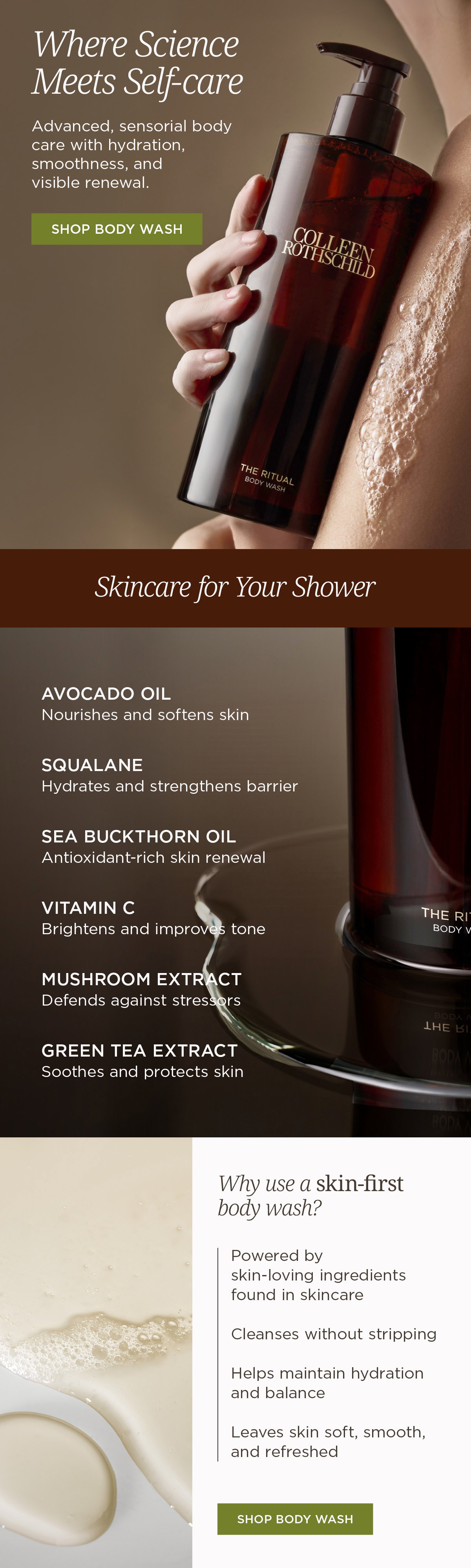 Colleen Rothschild Beauty email featuring The Ritual Body Wash, a skin-first luxury body cleanser formulated with avocado oil, squalane, sea buckthorn oil, vitamin C, mushroom extract, and green tea extract to nourish, hydrate, brighten, and support the skin barrier while cleansing without stripping, leaving skin soft, smooth, refreshed, and balanced through a sensorial self-care shower ritual inspired by skincare science.
