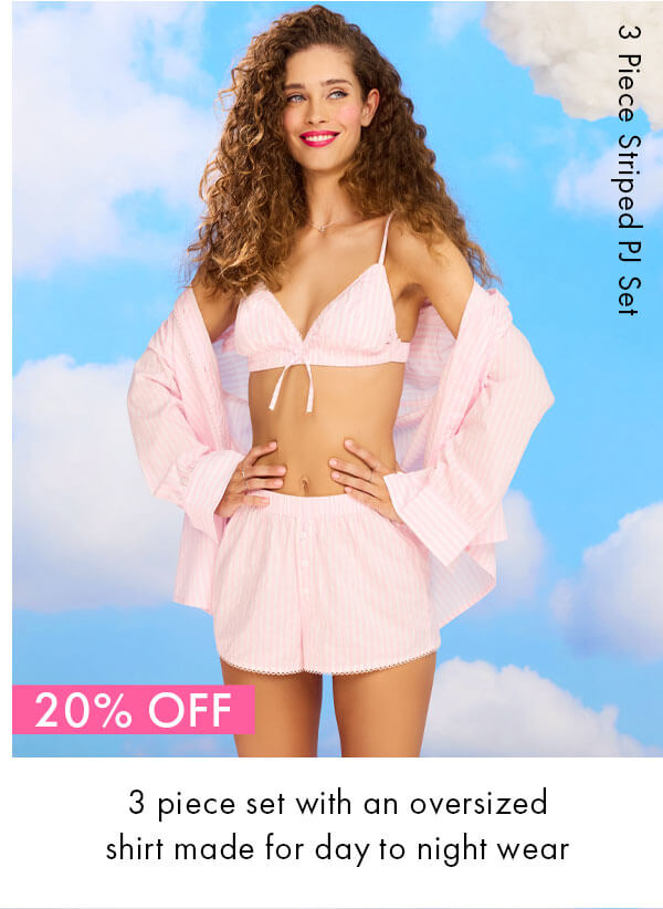 3 piece striped cotton short pyjama set 