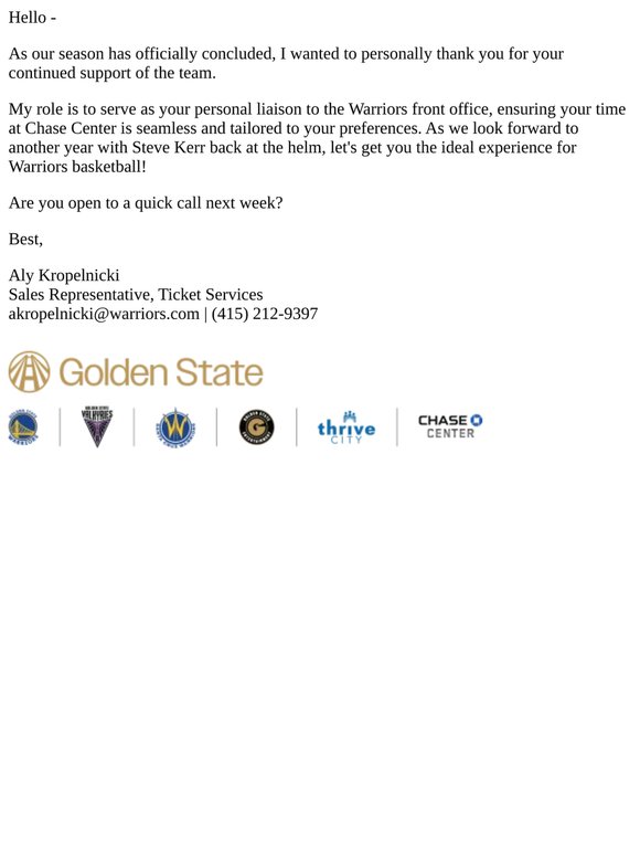 A Note of Appreciation from the Warriors