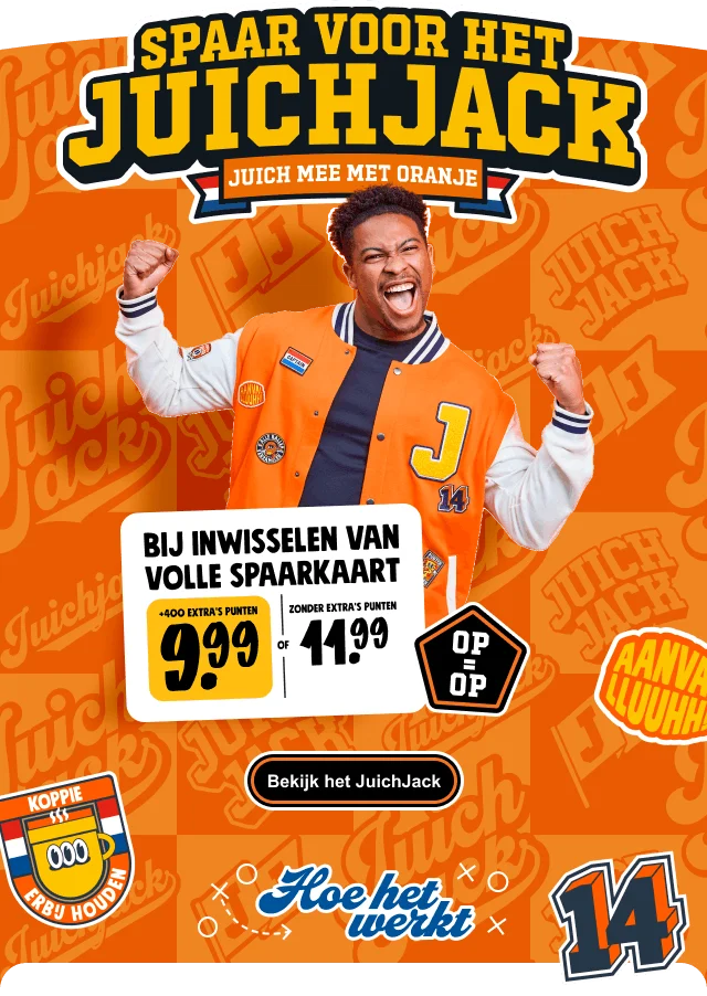 Spaar voor het juich jack. Bij inwisselen van volle spaarkaart 11.99, of 9.99 + 400 extra punten. Bekijk het juichJack