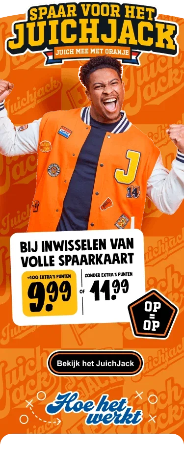 Spaar voor het juich jack. Bij inwisselen van volle spaarkaart 11.99, of 9.99 + 400 extra punten. Bekijk het juichJack
