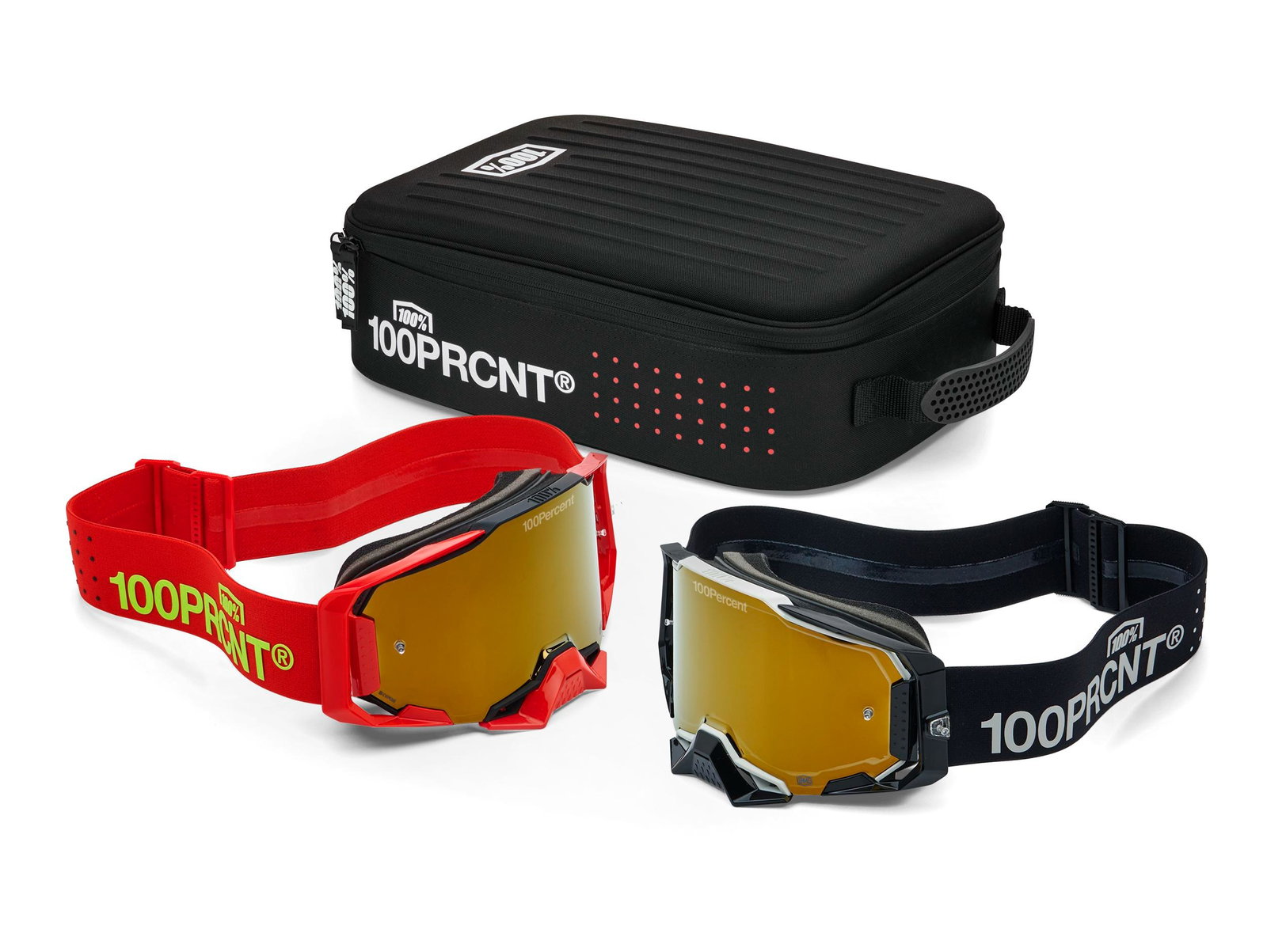 Dual Armega Racer Pro Pack — red and black Armega goggles with 100% premium carry case