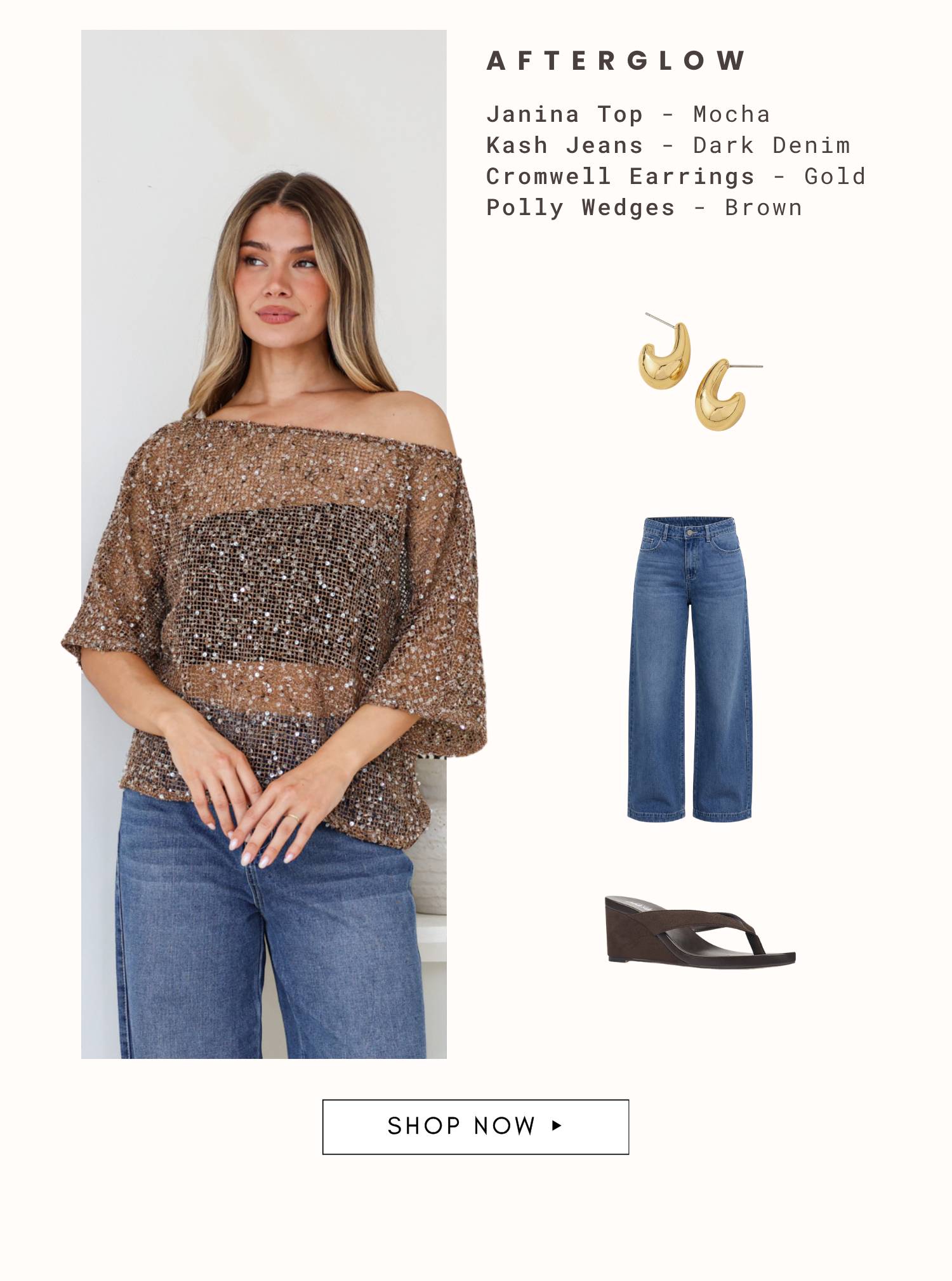 A medium shot shows a woman wearing a sparkling brown off-the-shoulder top and blue jeans, with a flat lay of gold hoop earrings, blue denim jeans, an...