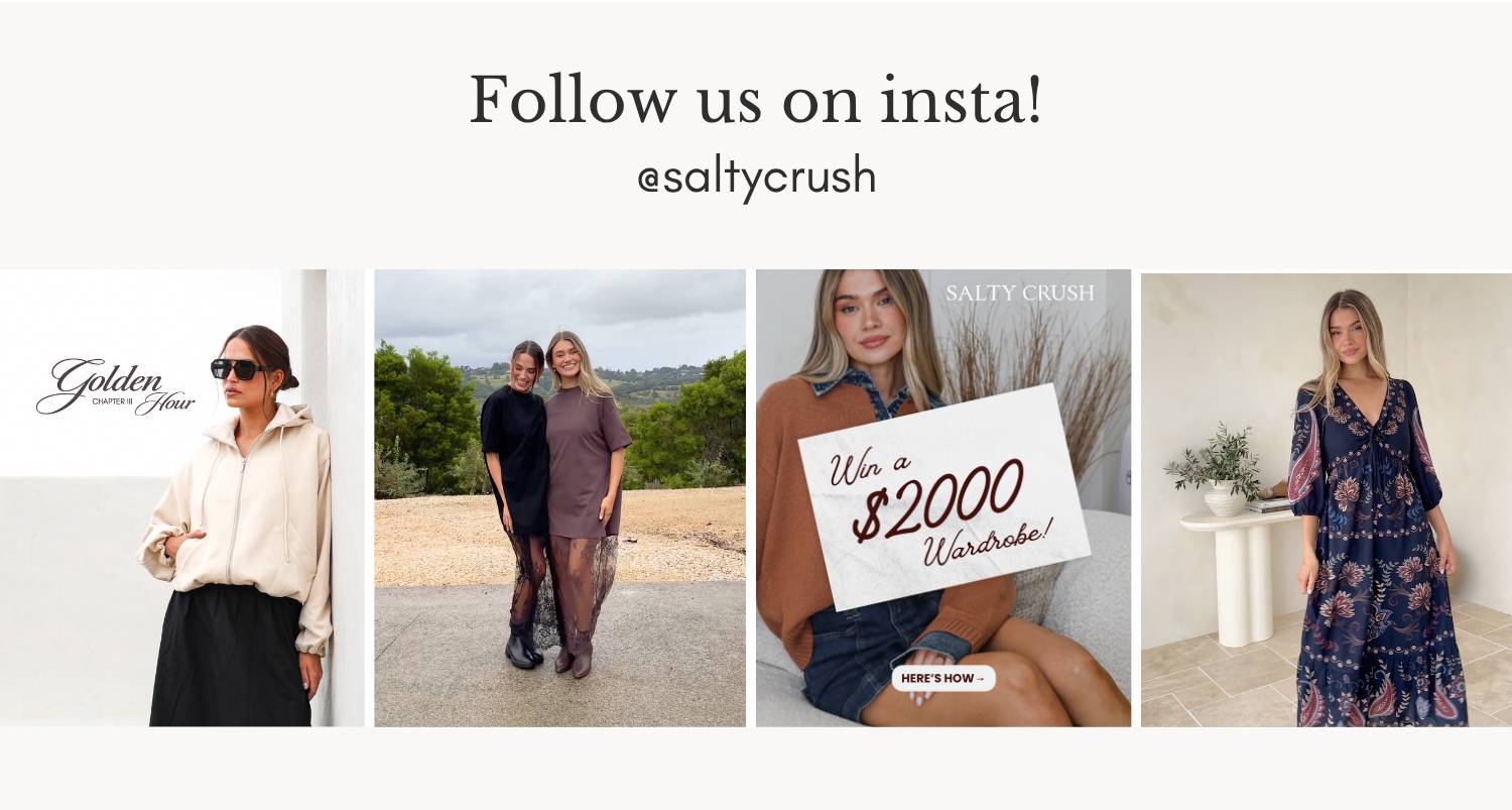 Follow us on insta! @saltycrush displays four images: a woman in a cream zip-up hoodie and black skirt with text 'Golden CHAPTER III Hour', two women ...