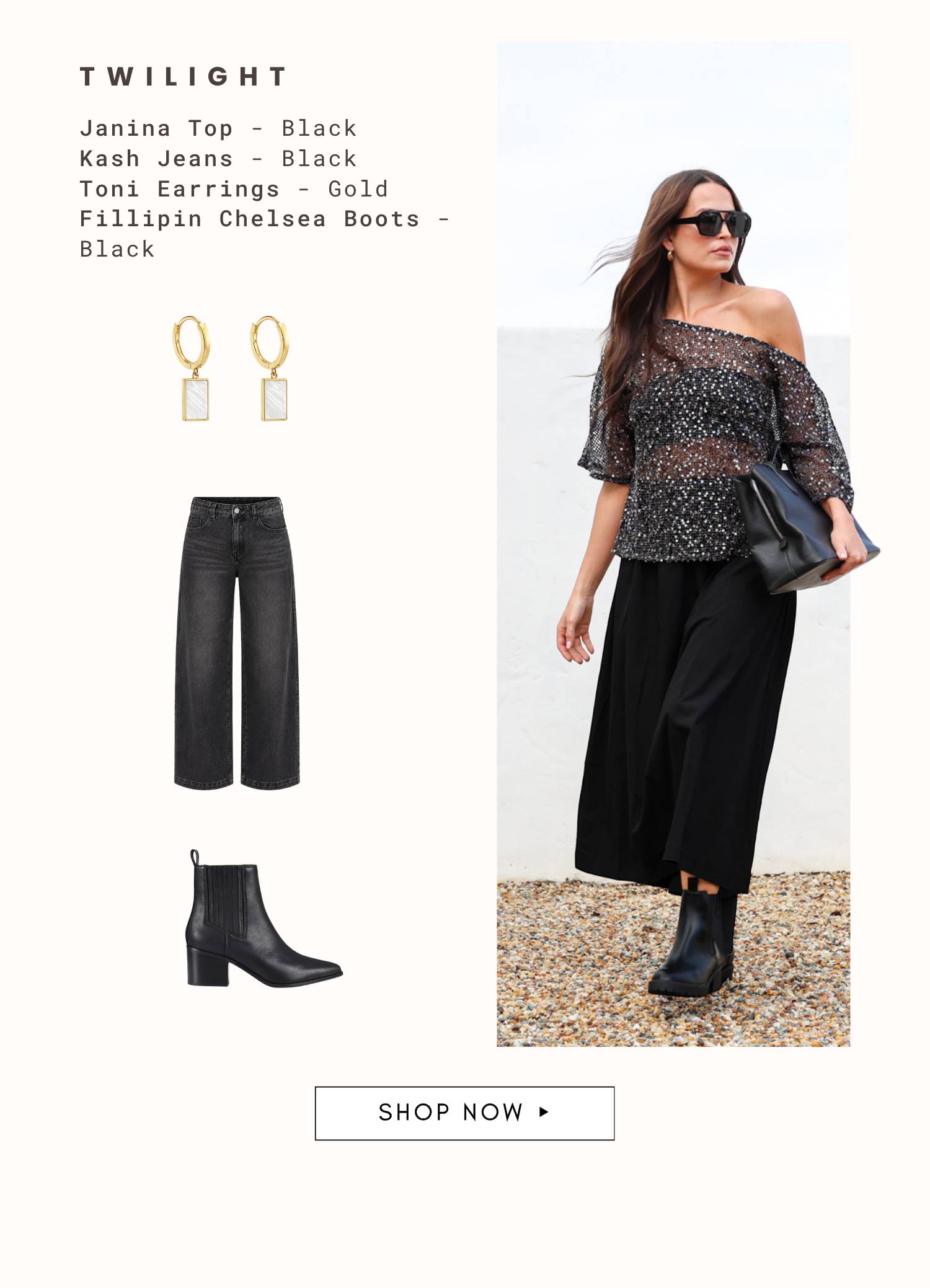 The text TWILIGHT is displayed above a list of items: Janina Top - Black, Kash Jeans - Black, Toni Earrings - Gold, Fillipin Chelsea Boots - Black, fo...