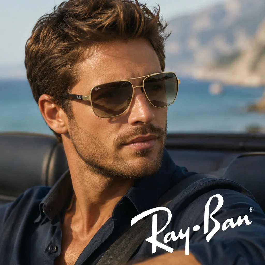 Man wearing Ray-Ban aviator sunglasses with gradient lenses, navy shirt, posed outdoors with ocean and coastline in background.