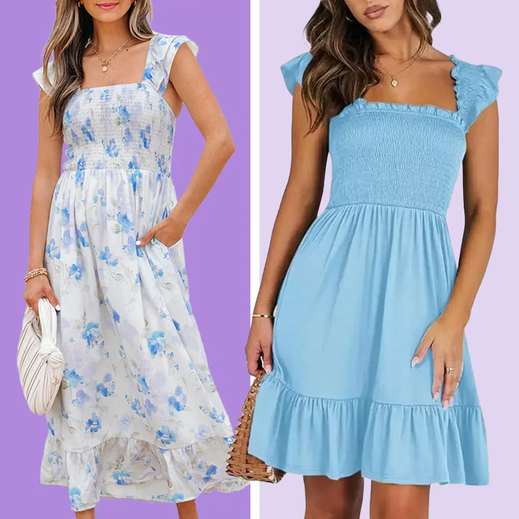 Two women modeling blue smocked dresses with ruffled straps against purple backgrounds.