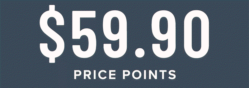 Price points from $59.90, $69.90, and $79.90. Display images to learn more.