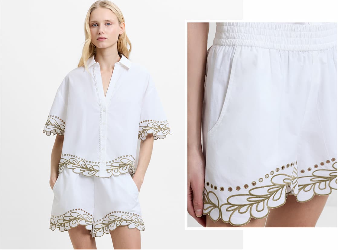 Alissa Cotton Embroidered Trim White Shorts
